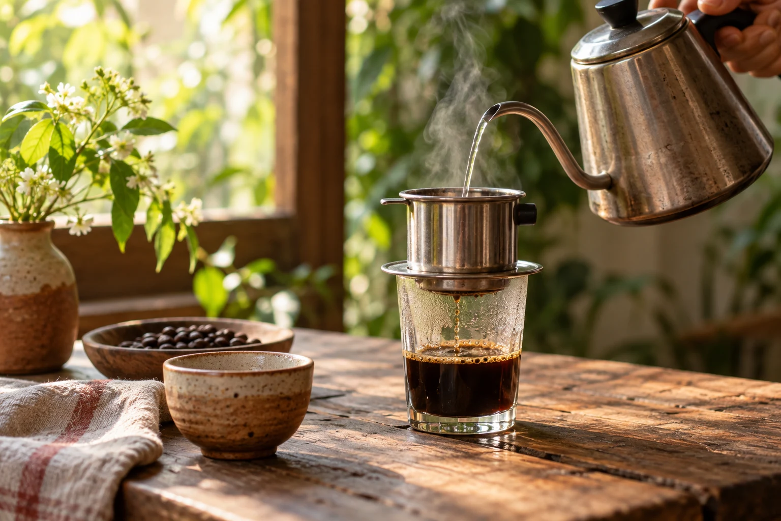 Rót nước vào phin cà phê bên cửa sổ, một khoảnh khắc chậm của buổi sáng